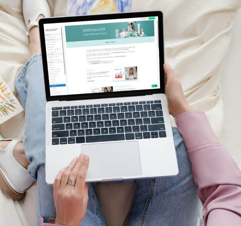 Einblick in den Onlinekurs "Erste Hilfe am Hund" auf einem Laptop